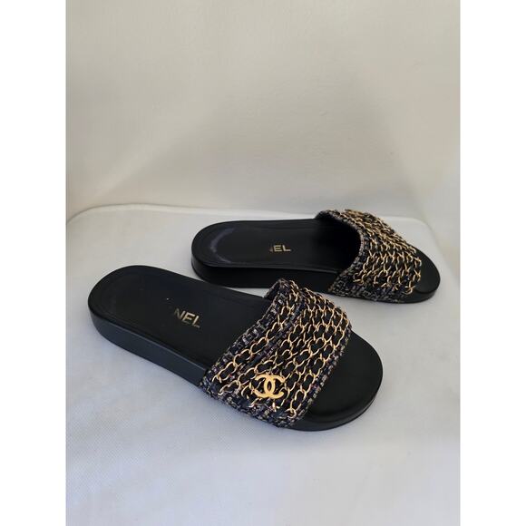 Chanel Black Leather 2016 Interlocking CC Logo Slides 36 sz - Picture 5 of 11